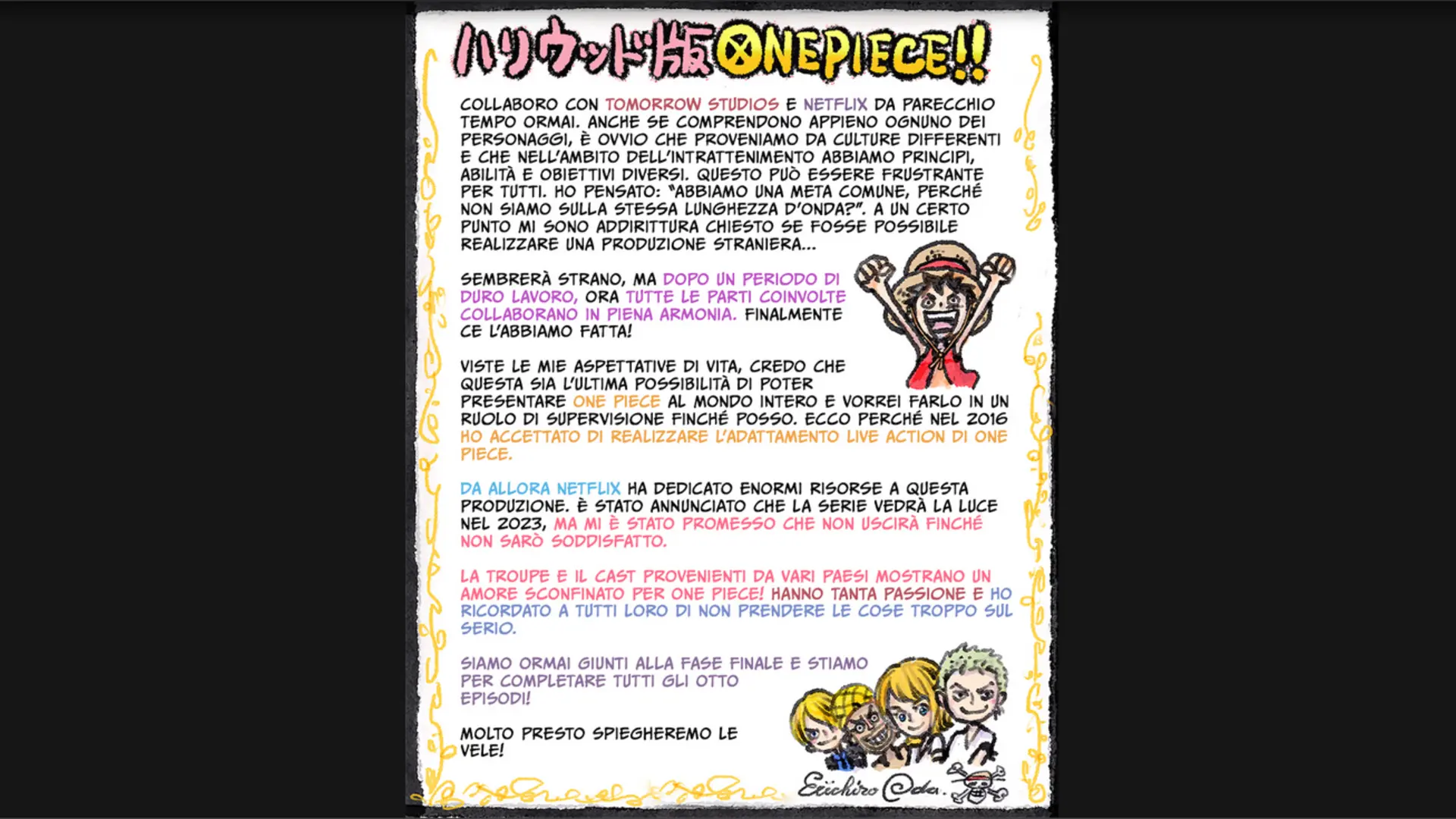 One Piece e Netflix, la lettera di Oda per il compleanno di Luffy